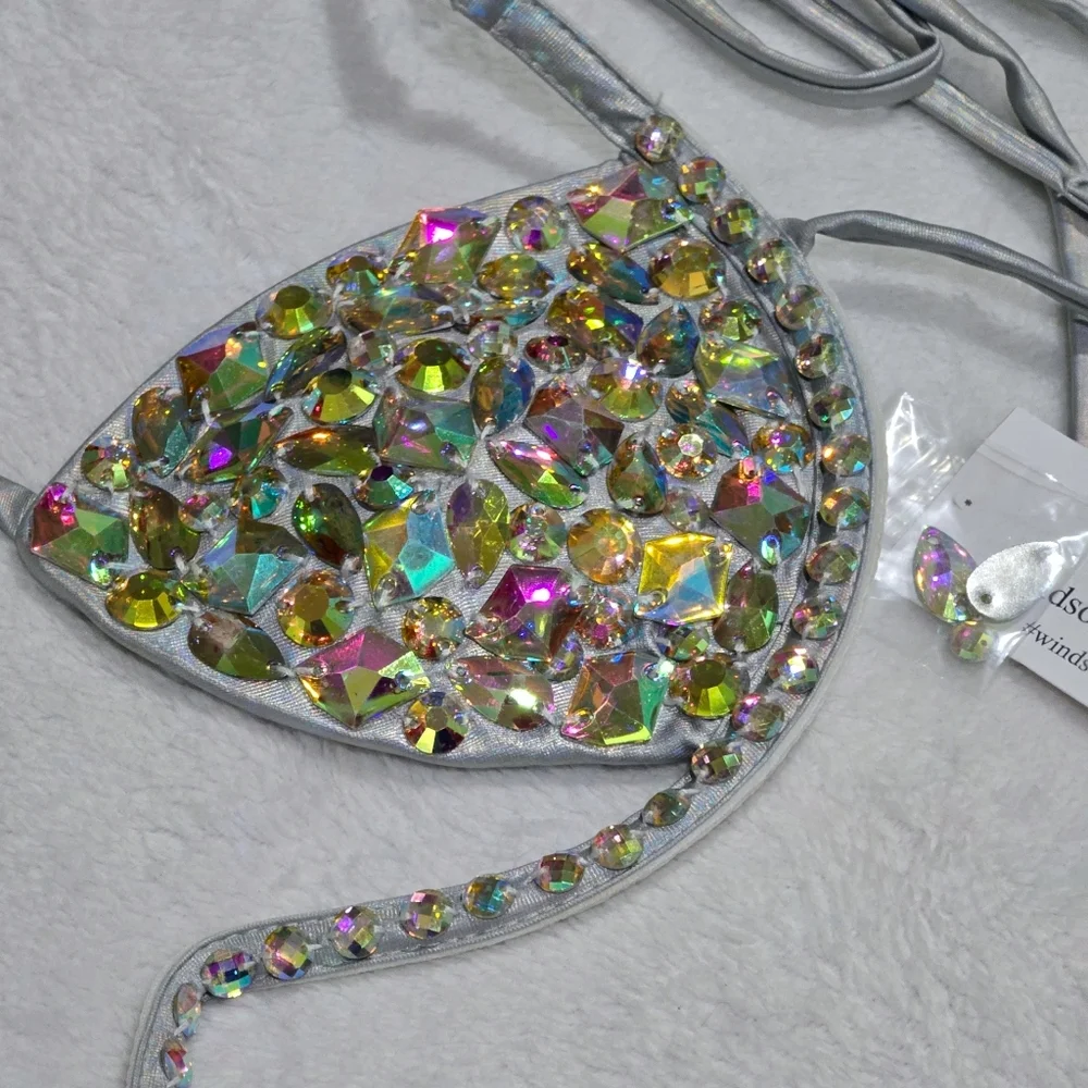 Windsor ✦ Major Glow Silver Embellished Halter Bra Top Gemstone Padded Tie‑Back - Picture 13 of 14